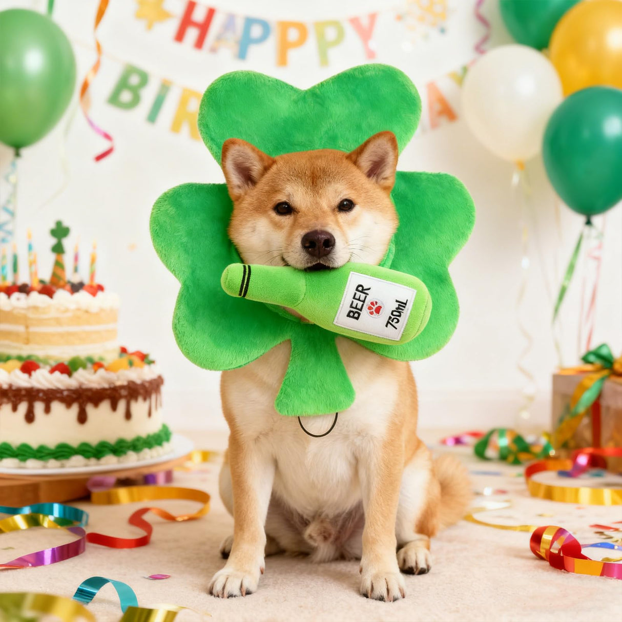 EXPAWLORER Dog St. Patrick's Day Outfit, Adorable St. Patrick's Day Costume Set Including Adjustable Green Shamrock Headband & Beer Plush Toy for Small Medium Pet Holiday Party Dress up