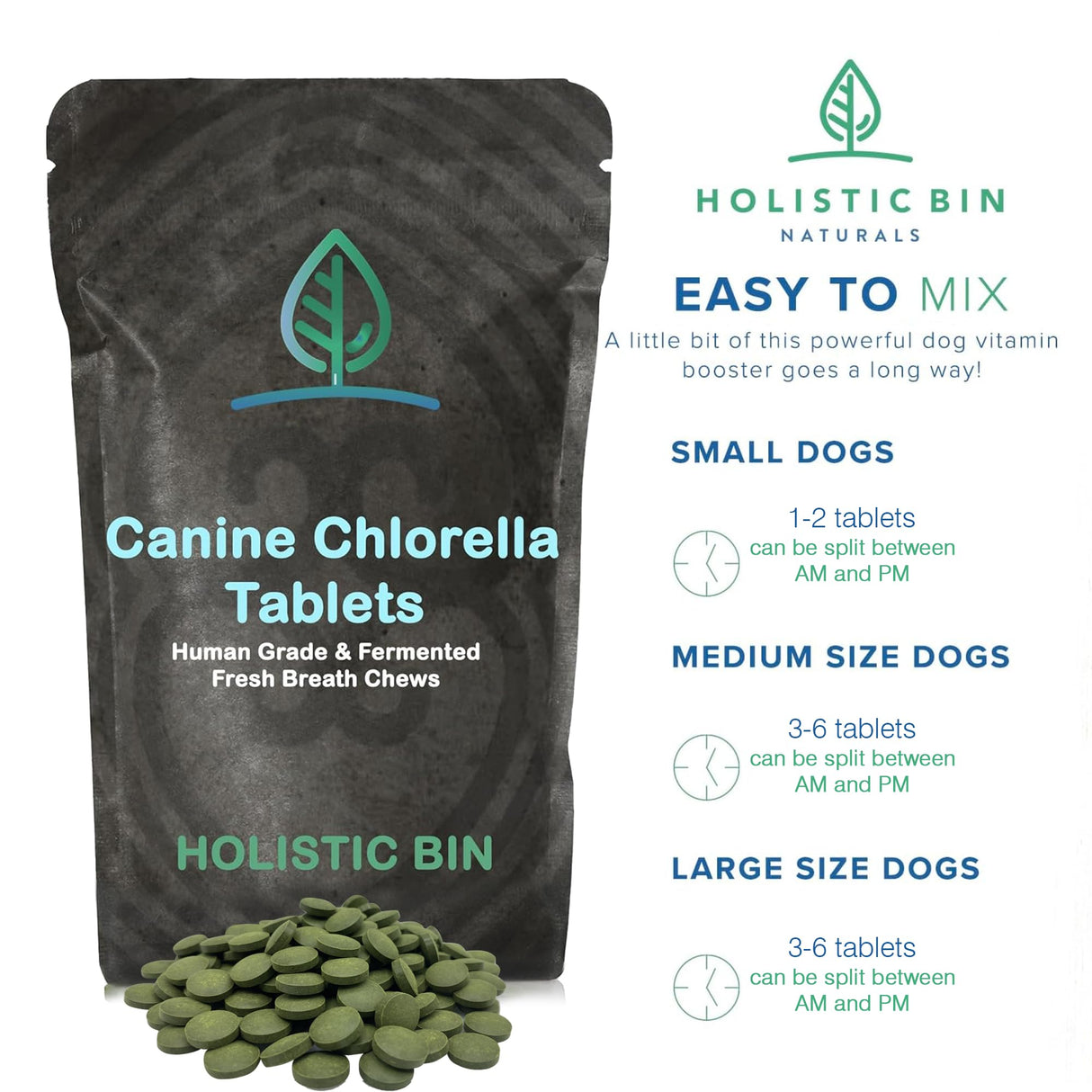 Holistic Bin Canine Fermented Chlorella Tablets | Plant-Based Supplements for Pets | Nutrient-Rich Dog Meal Toppers | Breath Freshener Treats Packed with Chlorophyll | Chlorella Tablets (100 Pieces)