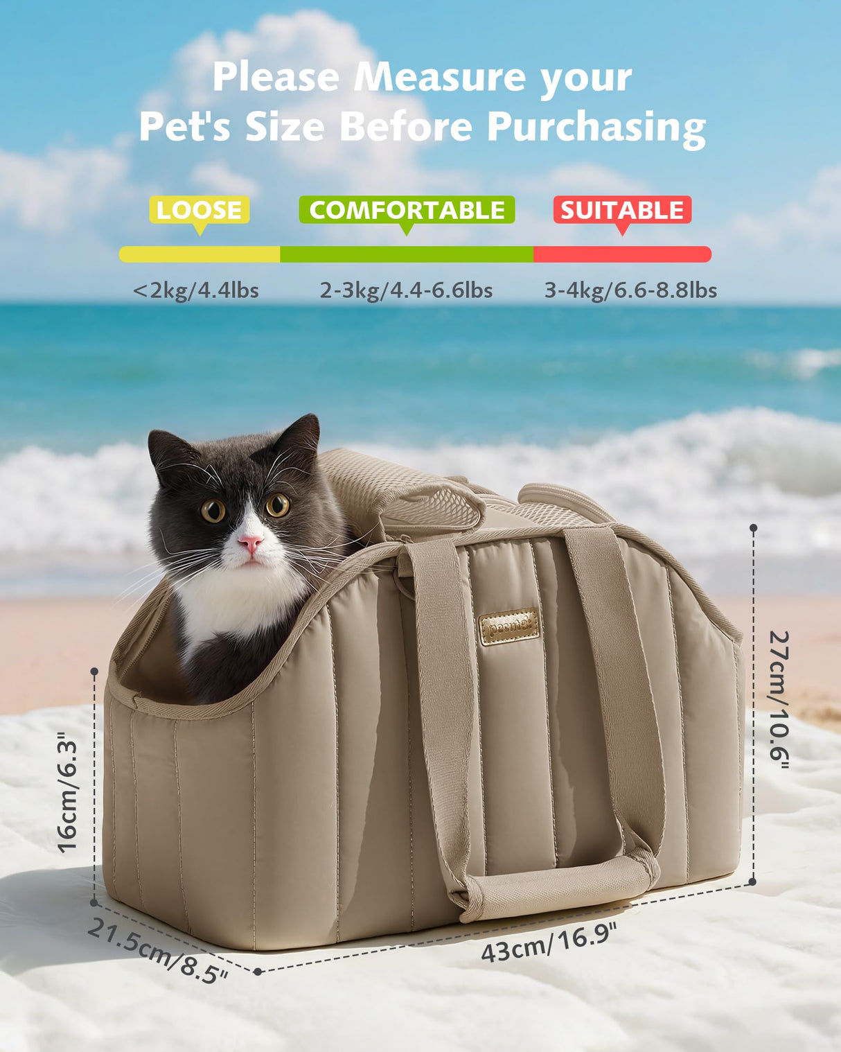 Pecute Cat Purse Carrier, Lightweight Cat Carriers for Small Cats with Large Pockets, Cat Soft-Sided Carriers up to 6.6lbs, Pet Carrier for Kitten, Suitable for Travel, Subway, Khaki