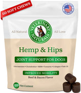 Veterinary Naturals Hemp & HIPS Joint Supplement for Dogs/Supports Relief from Hip and Joint Pain in Large, Aging Dogs (Regular, Beef & Bacon)