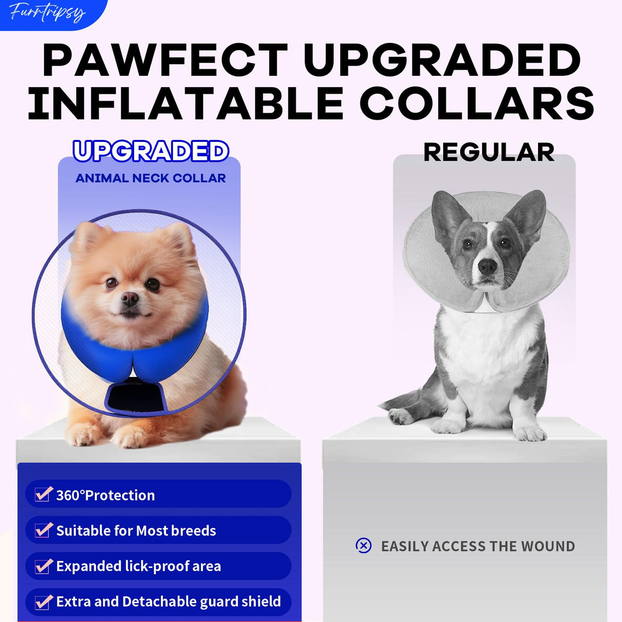Furrtripsy Inflatable Dog Cone Collar with Detachable Sturdy Shield,Soft&Lightweight-Ideal for Post-Surgery Recovery and Daily Wear,Suitable for Small Medium Large Dog Breeds(Blue,L)