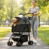 3-in-1 Pet Stroller for Small/Medium Dogs Cats,4 Wheels,Detachable Carrier Basket,Breathable Mesh,Storage Basket,Cup Holder,Weather Cover,Black,44 lbs Capacity