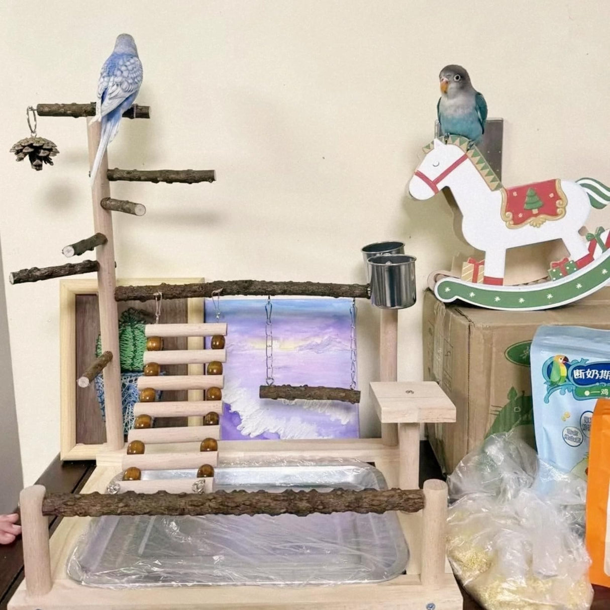 GOVNPJ Bird Playground with Feeder Cups, Wooden Parrot Play Stand for Cockatiel, Parakeet