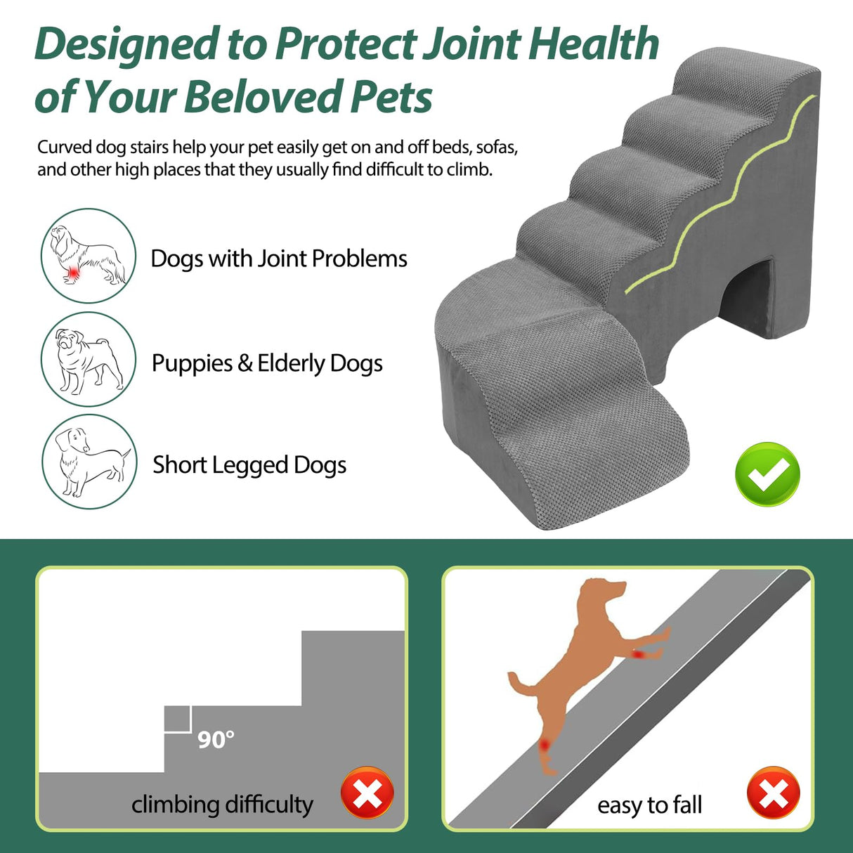6 Tier Dog Stairs/Steps for High Bed, 27.5”H Non-Slip Pet Stairs Adjust to Left Side of Bed, Pet Steps for Small Dogs, Old Pets, and Injured Dogs, Gray