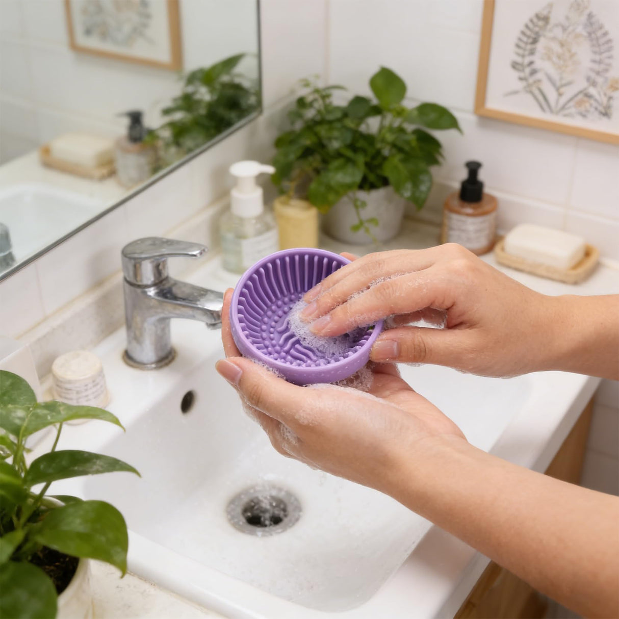 Silicone Makeup Brush Cleaner Bowl – Portable Cosmetic Brush Scrubber Mat & Washing Tool – Textured Cleaning Cup for Face & Eye Brushes – Manual Beauty Sponge Washer for Travel & Home(Purple)