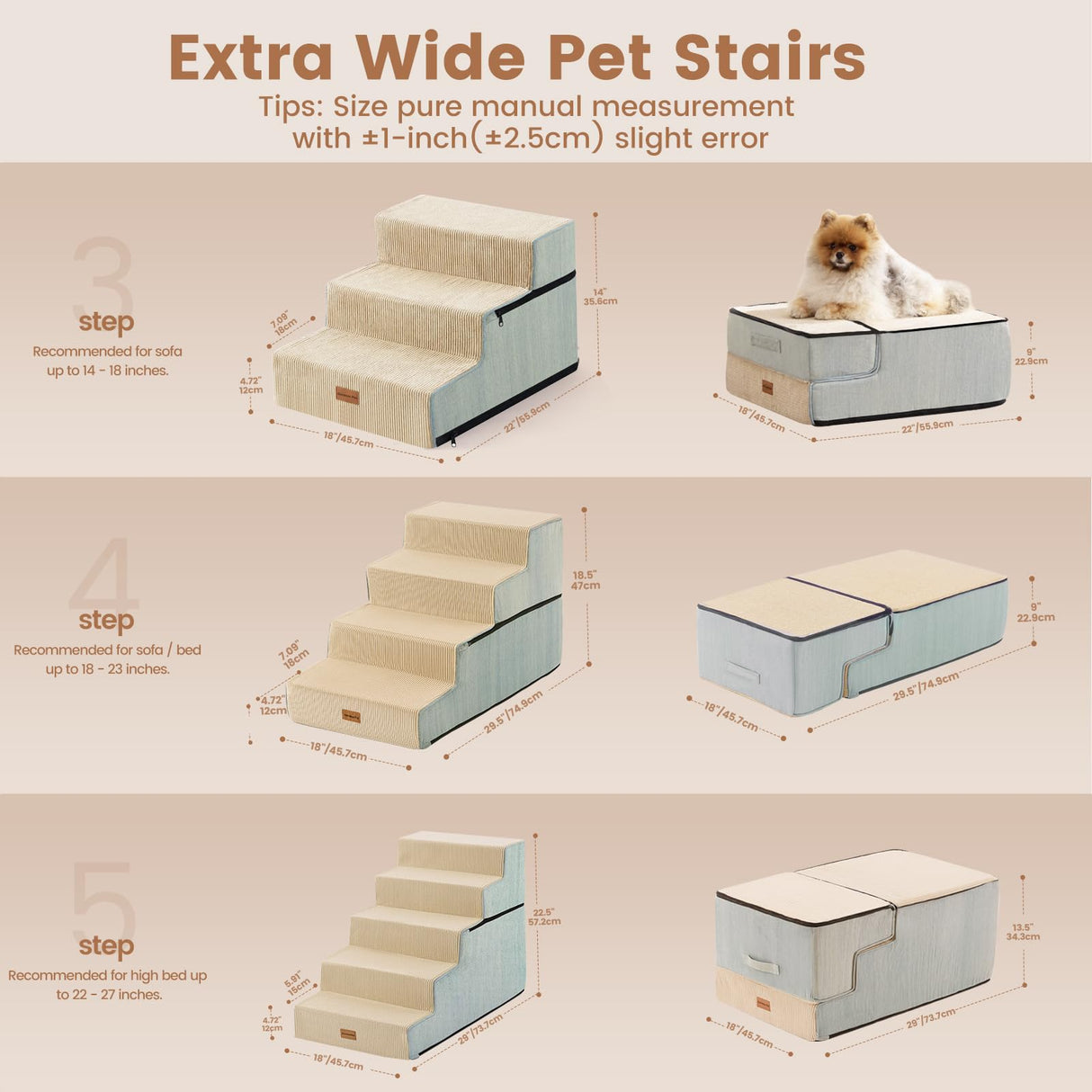 Gardner Pet Dog Stairs for Small Dogs 18.5" H, 4-Step Extra Wide Dog Steps for Bed, Pet Stairs for Bed and Couch with Durable Non-Slip Waterproof Fabric Cover and Soft Foam, Beige