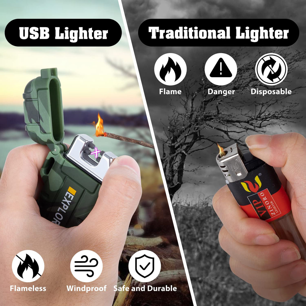 Electric Dual Arc Lighter USB Rechargeable Outdoor Windproof Flameless Plasma Lighters for Camping, Hiking, Waterproof Matches Survival Tactical Gear Fathers Day Dad Gifts Birthday Gifts for Men