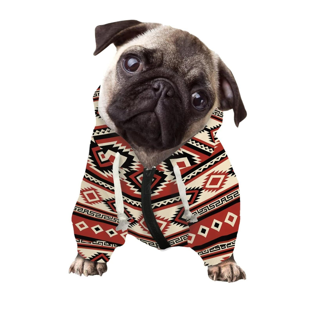 Howilath Red Geometric Aztec Tribal Dog Hoodie, Cozy Puppy Sweater with Hat for Small Medium Large Dogs, Cute Winter Outfits