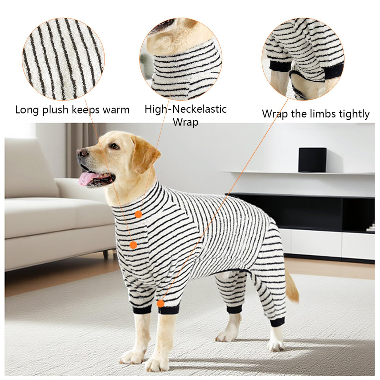 PAPIAMEN Striped Dog Pajamas Stretchable 4 Legs Doggie Jammies Clothes,Soft Plush Pet Pjs Coat Onesie fit Puppy to Medium Large Dogs,Cute Warm Dogs Costumes Outfits for Winter,Black,L