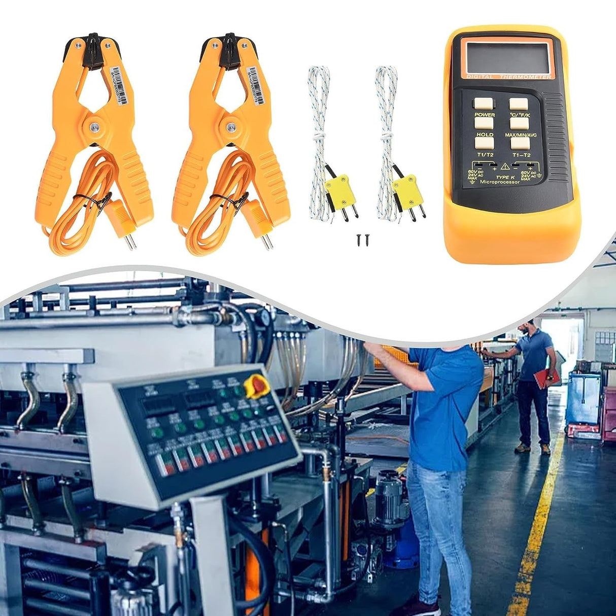 K Type Thermocouple Thermometer(-50~1300°C) Digital Dual Channel 2 Thermometer Pipe Clamp 2 Thermocouple Sensor Probes Pipe Temperature Clamp Thermocouple High Accuracy Readings