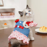 Layheld Cat Puppy Costume Strawberry Dress with Leash Polka Dot Puff Sleeve Design Dog Cat Accessories Multiple Sizes for Cat Small Dog (Blue Pink,Large)