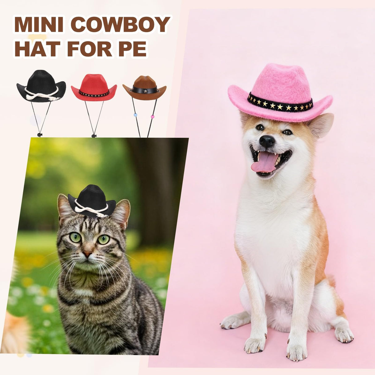 PETAXCELL Dog Cowboy Hat, Mini Cowboy Hat for Pet with Chin Strap Adjustable Cosplay Cap, (Red, M), Intended for Dogs and Cats/Halloween Costume/Party Decoration