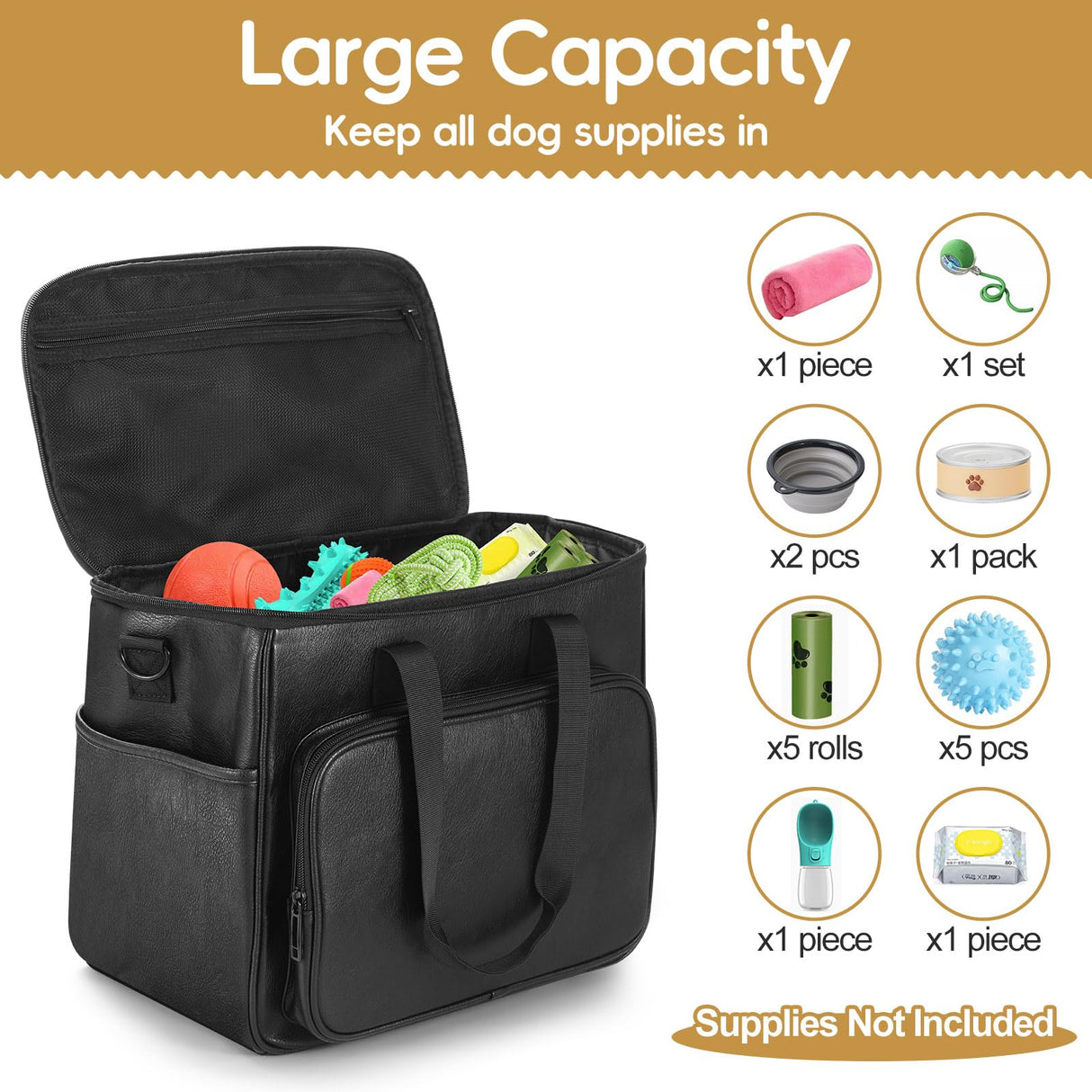 Lasaviin Dog Travel Bag, Leather Travel Pet Bag Set for Dog and Cat, Airline Approved Tote Organizer with Multi-Function Pockets, 2 Food Storage Containers, 2 Collapsible Bowls