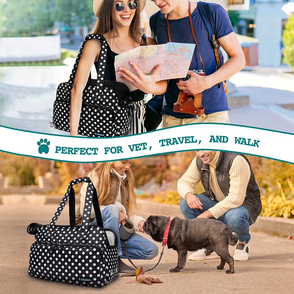 PetAmi Small Dog Purse Carrier, Soft-Sided Pet Carrier Bag with Pockets, Portable Puppy Cat Travel Handbag Tote, Airline Approved Breathable Mesh, Poop Bag Dispenser, Max 18 lbs, Polka Dot Black