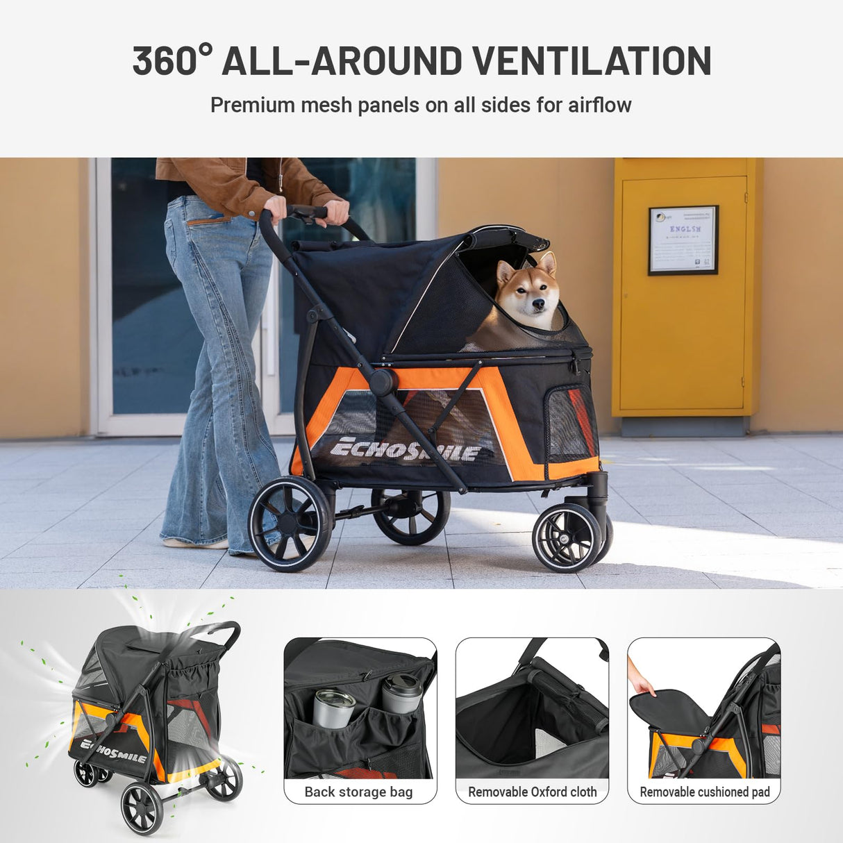EchoSmile Dog Stroller for Medium & Small Dogs, Foldable Pet Stroller with 3 Wheels & Brakes, All-Terrain Cat Dog Carrier with Breathable Mesh, Safety Leash and Storage Pocket, Black
