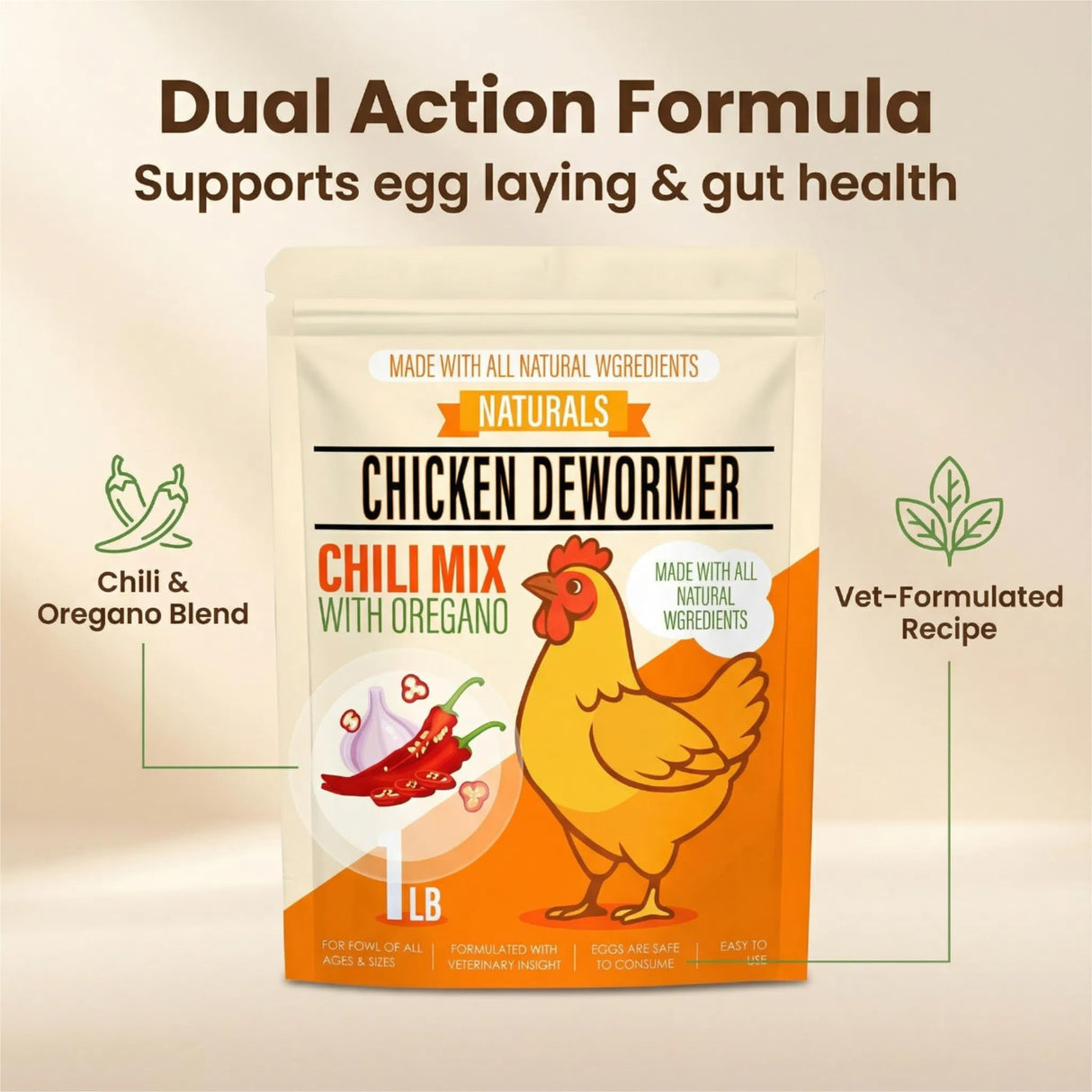 Naturals Chicken Dewormer Powder - Natural Herbal with Chili and Garlic, All-Natural Formula for Hens and Birds Duck Goose, Safe for Eggs,1LB Pouch (1)
