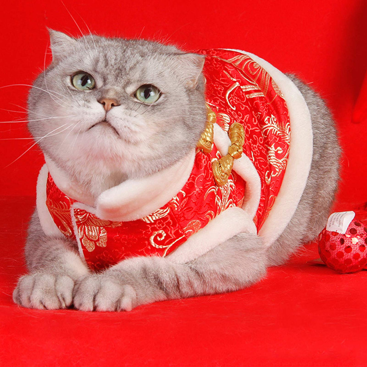 SEIS New Year Cat Knot Buttons Coat Dogs Cheongsam Winter Pet Clothes Vest of The Tang Dynasty Christmas Costume for Cats Teddy Bichon Small Medium Dogs (White, L (Chest Circumference 63cm/ 24.8"))