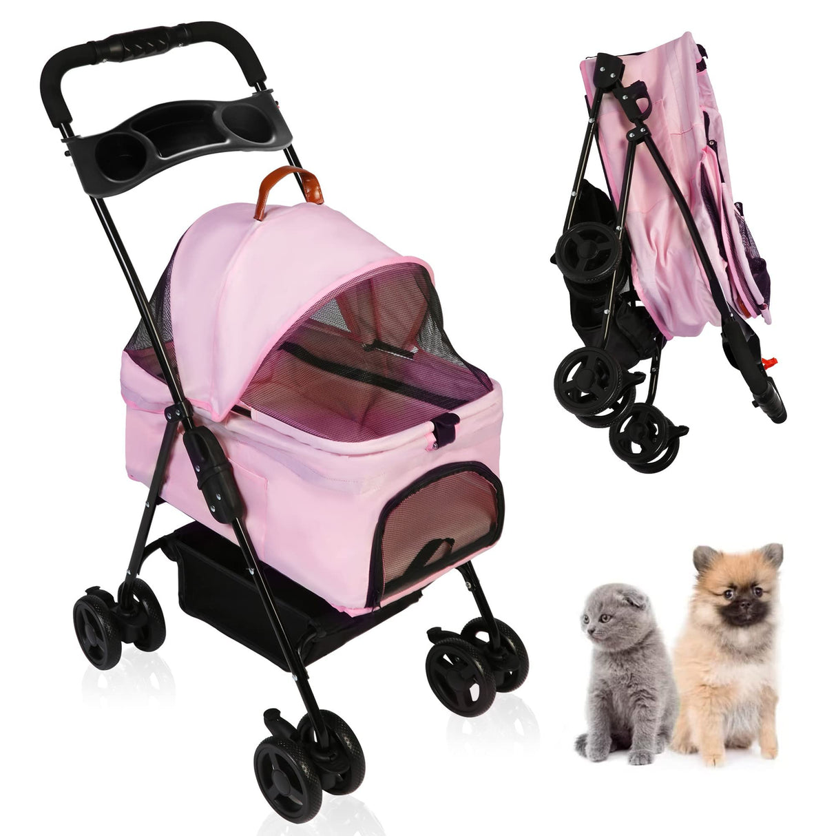 Vilobos 2 in 1 Pet Stroller, Detachable Dog Stroller, Portable Pet Cart w/ 4 Wheels, Cup Holder for Small Dog/Cat, Foldable Waterproof Jogging Travel Carrier Cart, Pink