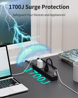 HOPOW Flat Plug Power Strip, 6 Ft Ultra Thin Extension Cord, Surge Protector with 5 Outlets & 3 USB Ports (2 USB C), 1700 Joules, Wall Mount, Desktop Charging Station for Home Office Dorm, Black