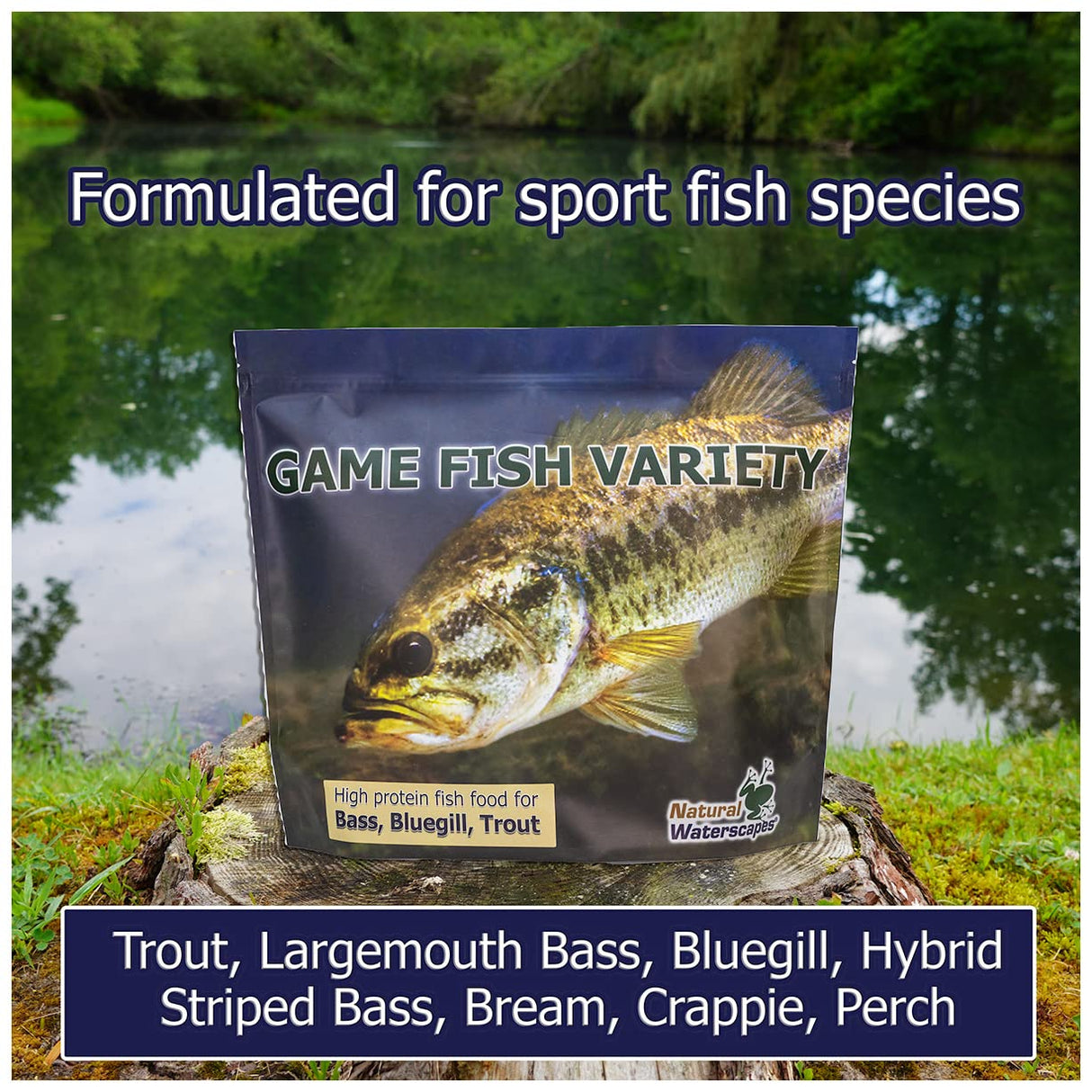 Natural Waterscapes Game Fish Food Variety | Pond and Lake Fish Food Pellets | 22 lb Bag | Feed to Bass, Bluegill, Trout, Catfish, tilapia | Floating Pellets