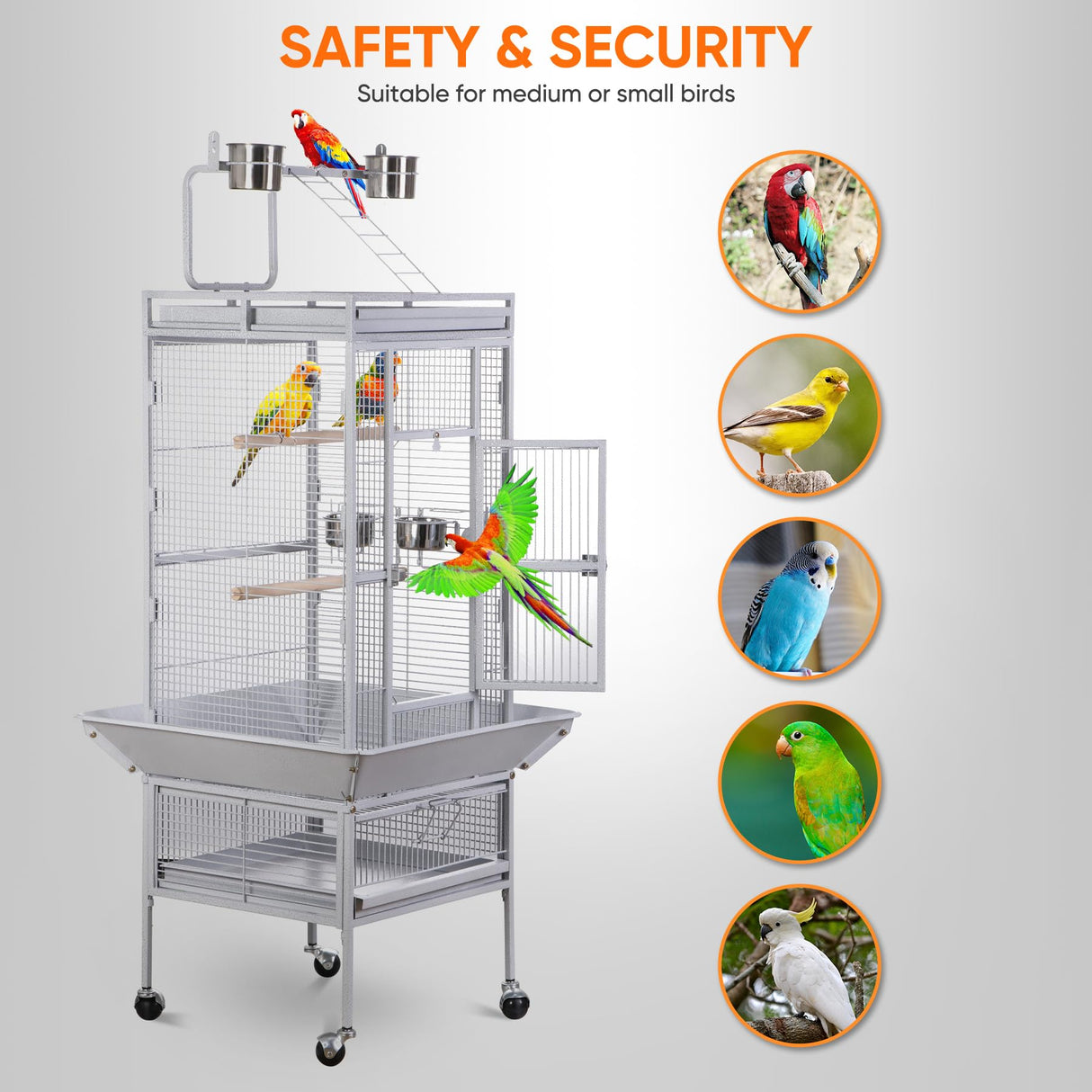 ZENY 61-inch Large Parrot Cockatiel Bird Cages with Wrought Iron Play Top, Aviary with Rolling Stand for Sun Parakeet Quaker Conure Lovebird Budgie Finch African Grey White Birdcage (White)