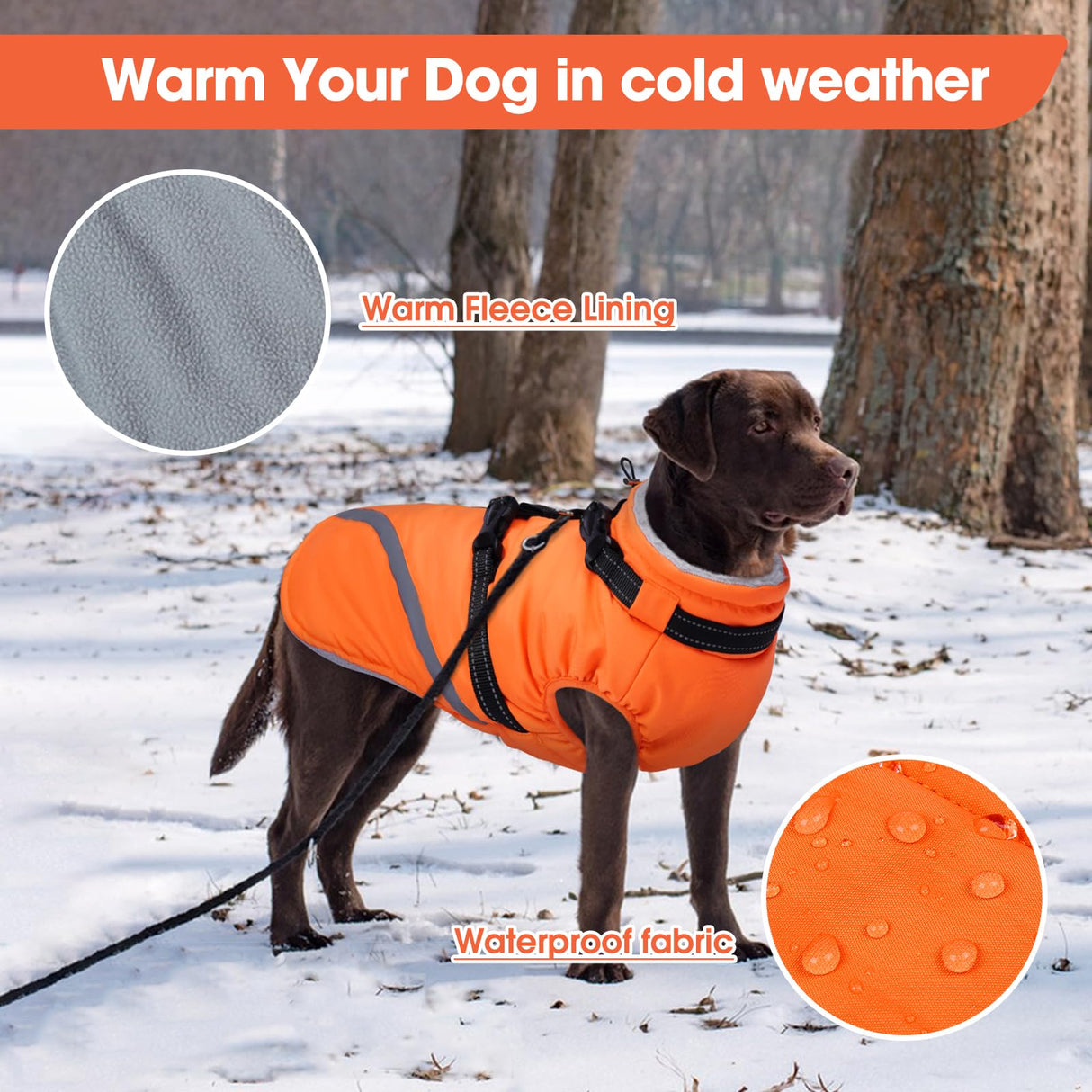 BRKURLEG Dog Winter Jackets for Large Dogs, Dog Coat with Harness Built in, Dogs Snowsuits with Zipper, Waterproof Windproof Pet Puffer Jacket Fleece Vest for Labrador, Dalmatian, Orange XXL