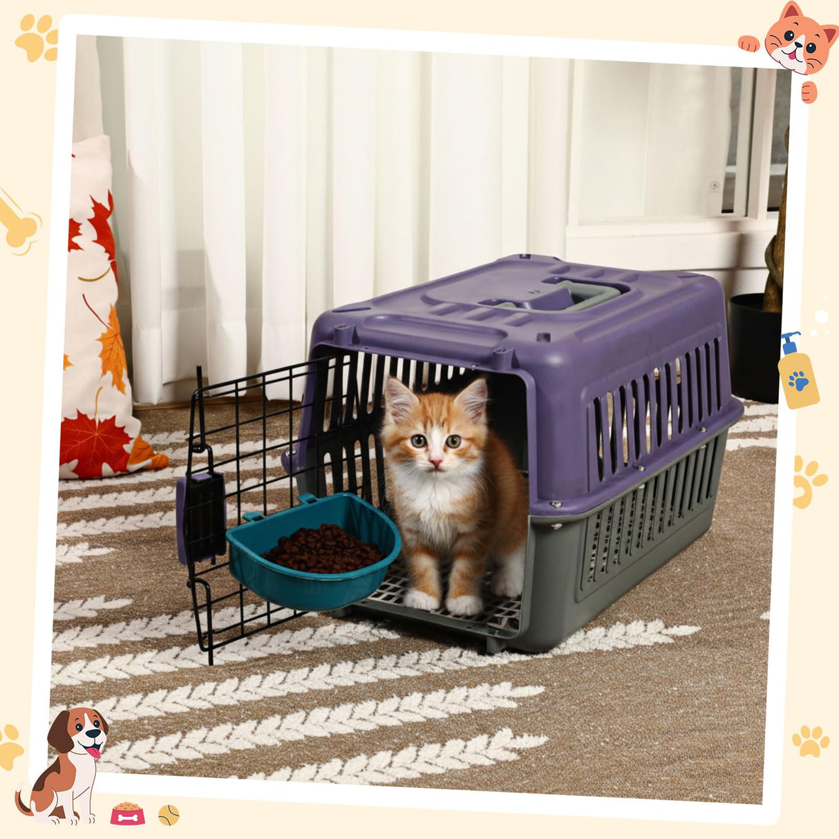2 Set Travel Pet Carriers for Small Cat Dog Plastic Hard Shell Carrier Cat with Bowl Wire Door Grille Mat Portable Breathable Security Lock Puppy Kennel for Travel Airline, 17.5", up to 13lbs(Purple)