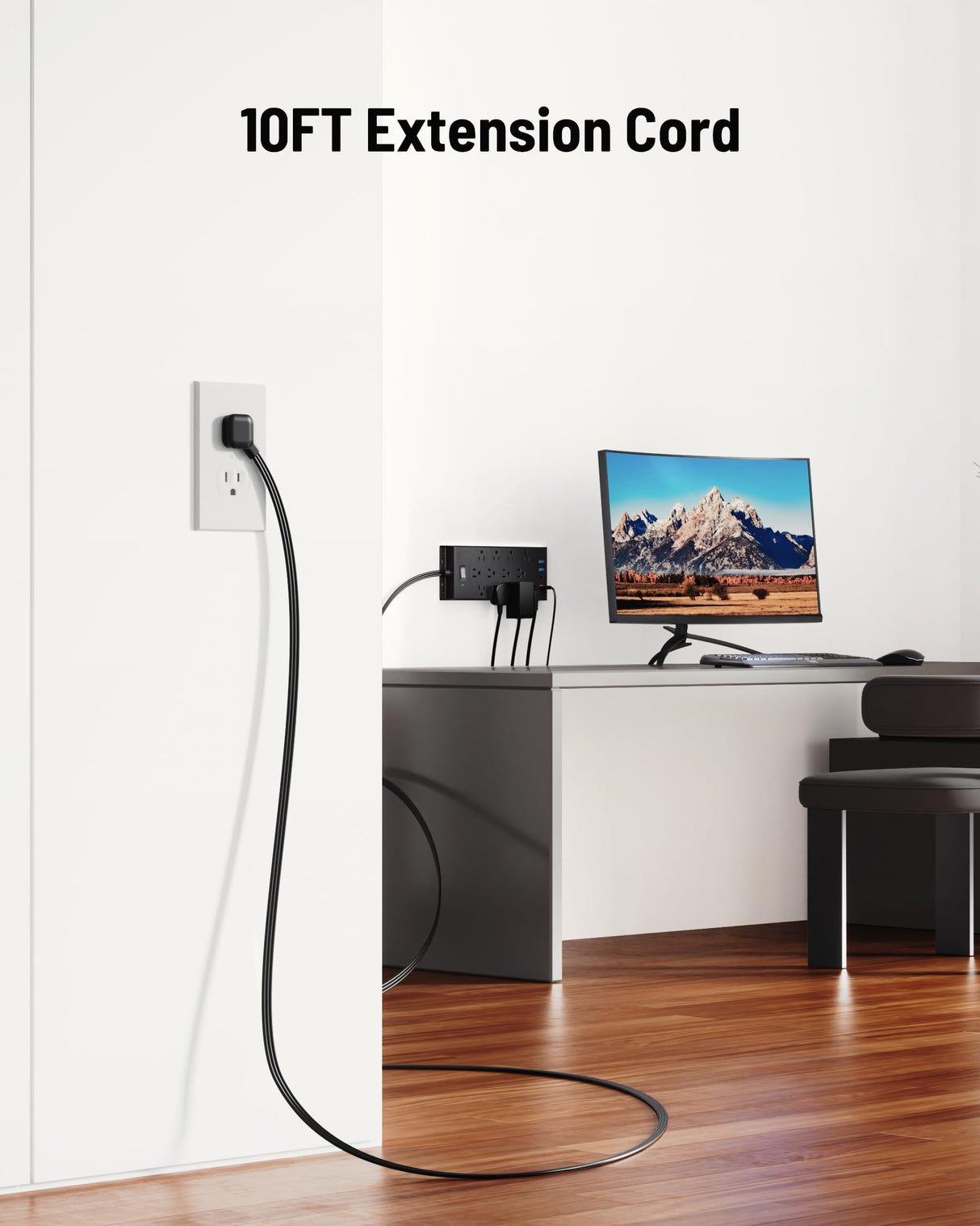 Surge Protector Power Strip 4800J, 10Ft Long Extension Cord Flat Plug, 12 Outlets 2 USB C 2 USB Ports, Wall Mountable, 20W Desk Charging Station, Black