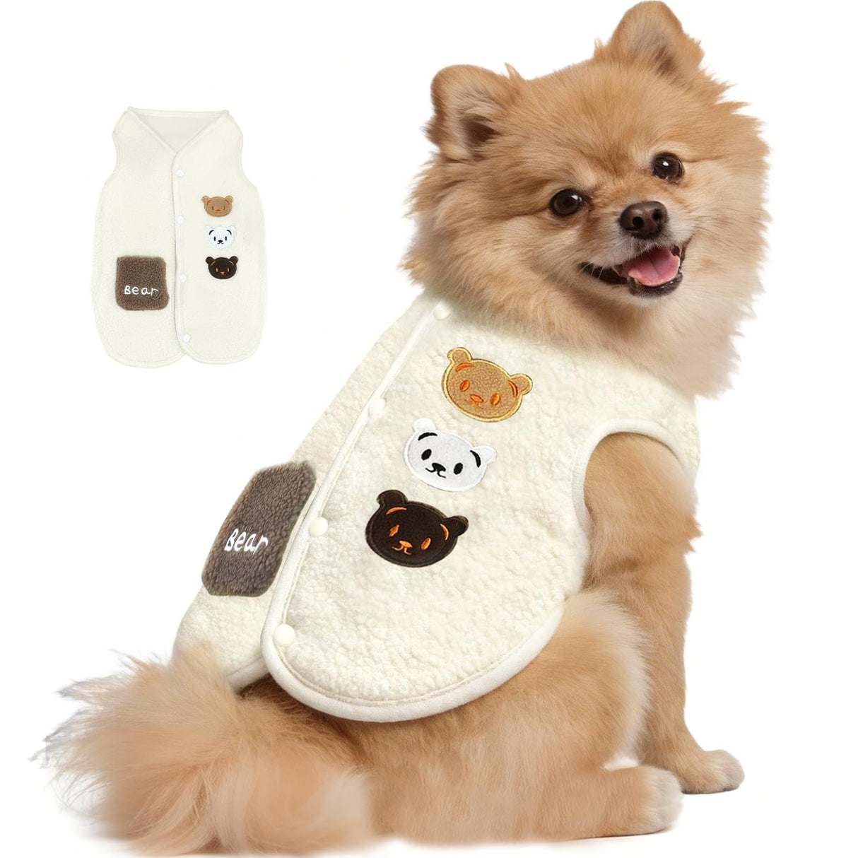 FloofeLove Dog Fleece Vest Jacket, Warm Cute Dogs Sweater with Button Winter Cold Weater Collar Bear Print Coat Pet Clothes for Small Dogs Boy Girl(White, L(12 to 15 lbs))