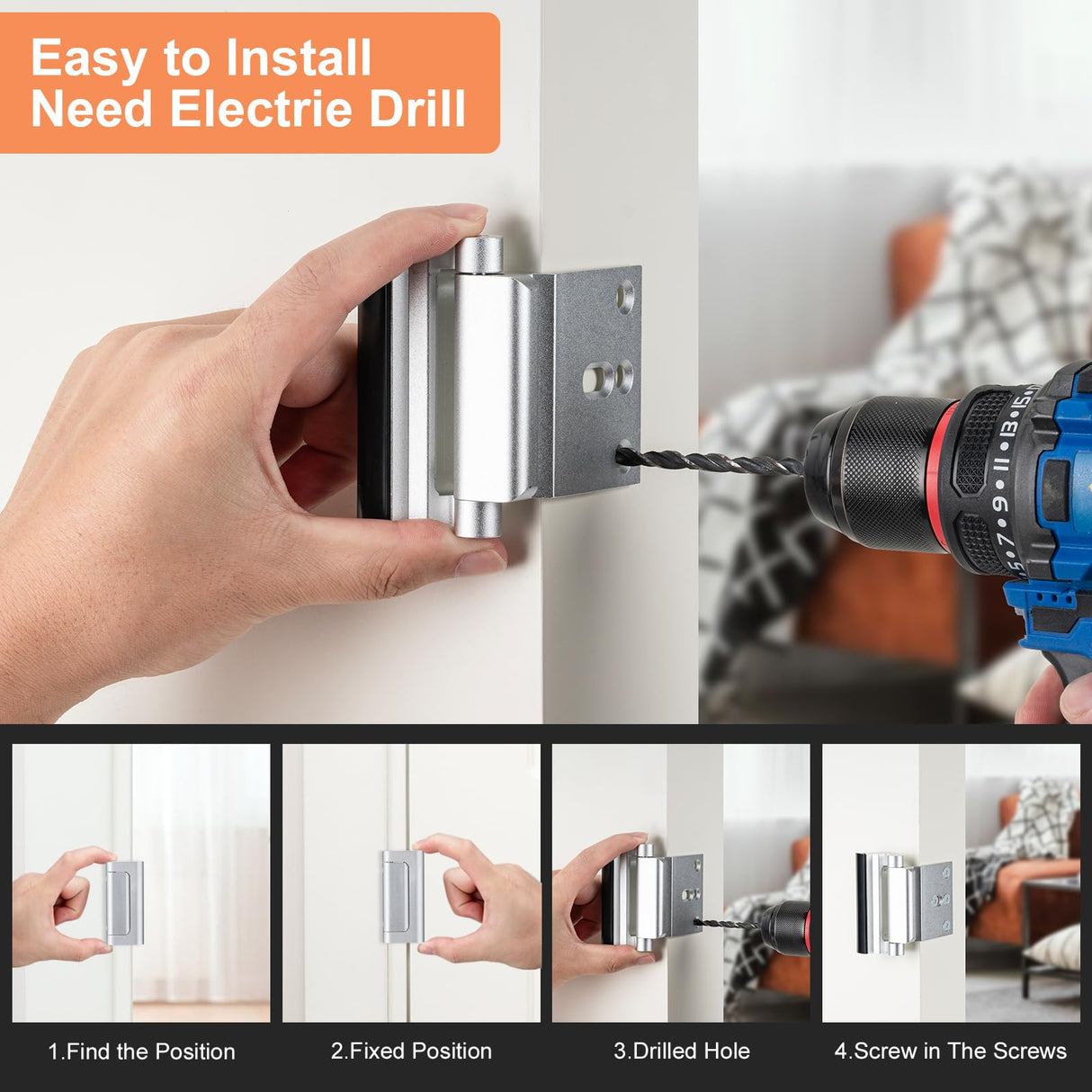 Husfunov 2 Pack Home Security Door Lock,Childproof Door Reinforcement Lock,with 3" Stop Withstand 800 lbs,for Inward Swing Doors,Night Kids Safety Metal Flip Lock Deadbolt Latch (Silver)