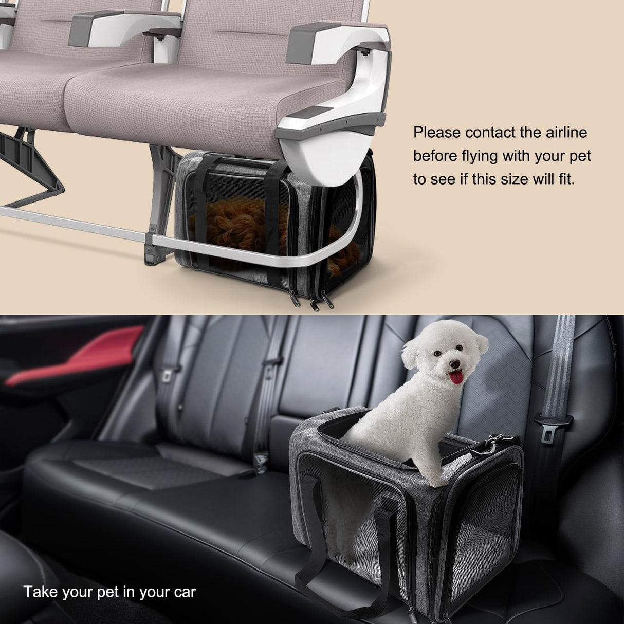 Pucewmy Pet Carrier for Small Dogs Cats, Up to 15Lbs, Airline Approved Collapsible Travel Puppy Carrier, 17x11x11 Inches, Grey