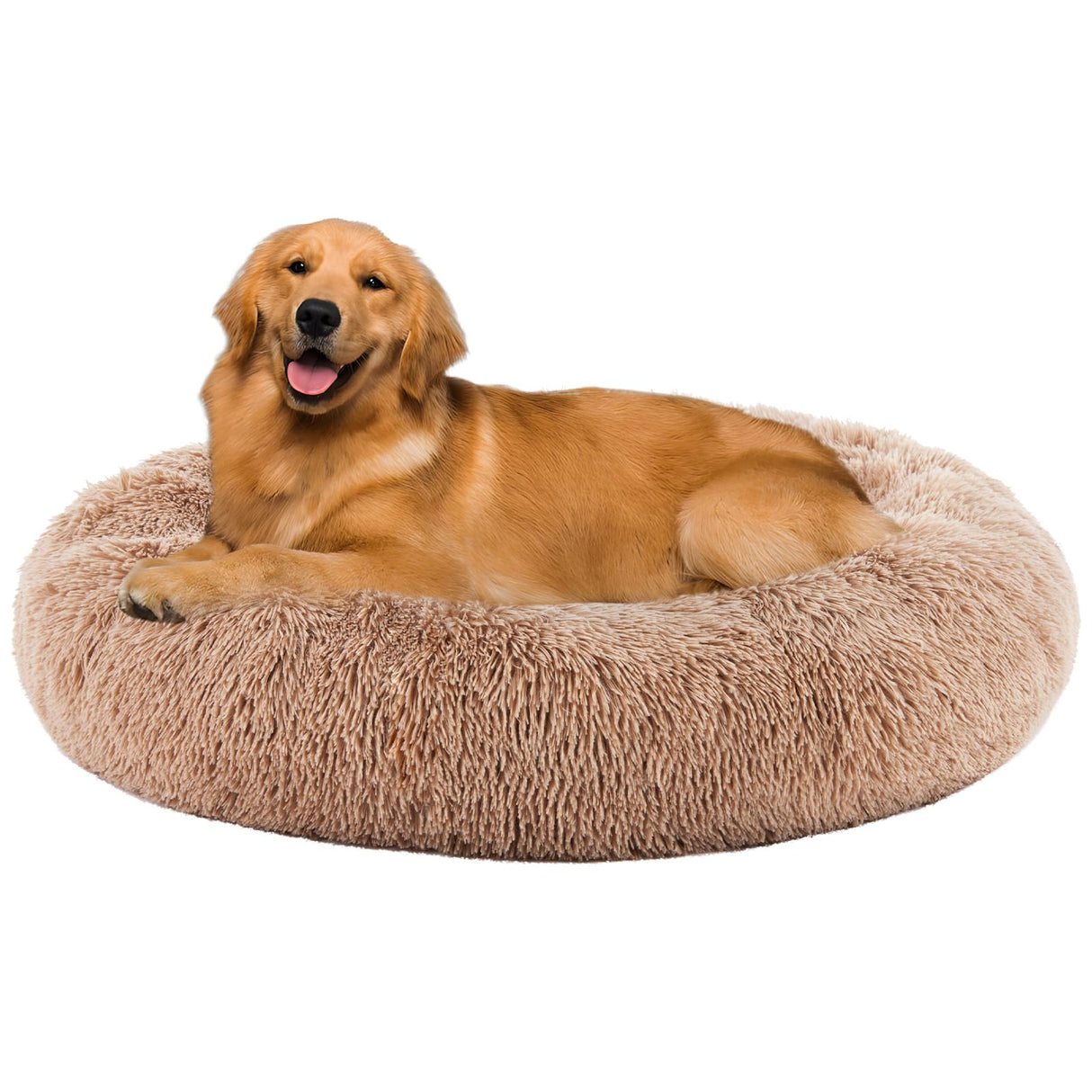 Sweetcrispy Donut Dog Bed, XL Large Round Calming Cat Bed with Washable Waterproof Cushion, Anti-Anxiety & Anti-Slip Fluffy Cuddle Cozy Faux Fur Plush for Pet Puppy Indoor Sleeping(37.4"x3.47",Brown)