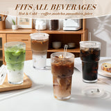 Iced Coffee Cups with Lids: Coffee Bar Accessories - Ribbed Glass Tumbler with Straw and Lid 4Pcs - 20oz Leak Proof Tumbler - Reusable Glass Cups and Tumblers with Lid and Straws for To Go Iced Coffee