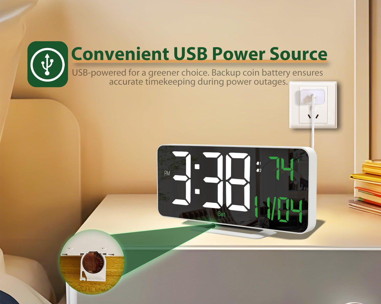 Neasroe Digital Alarm Clock, 6.7" Mirror Clocks Large Numbers LED Display for Bedrooms - Auto Dimmer, Time and Date, Room Temperature, Snooze, 12/24 Hour for Teens, Elderly, USB Powered(White)