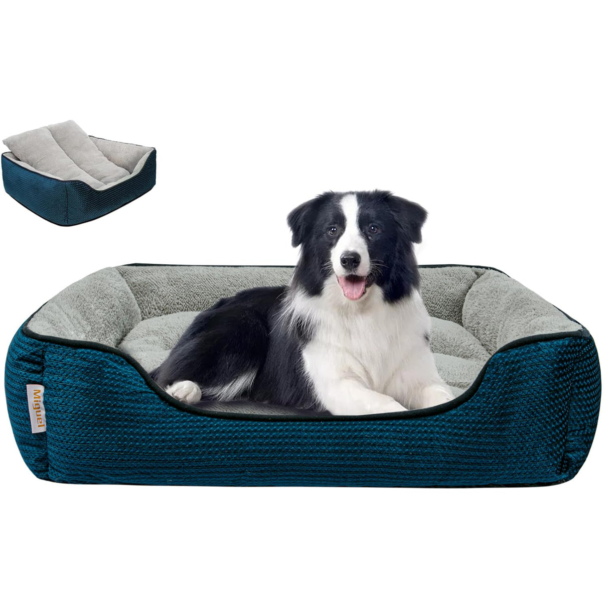 Miguel Dog Bed with Removable Cushion/Pillow for Medium Small Dogs, Washable Pet Bed with Side Easy to Wash Puppy Bed, Large Rectangle Cat Bed for Indoor Cat with Anti-Slip Bottom, Blue 35 Inch