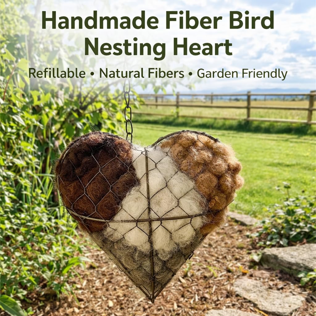 Handmade Alpaca Fiber Bird Nesting Heart, Refillable Bird Nest Love Heart with Natural Alpaca Nesting Material, Alpaca Nesting Heart for Hummingbirds, Winter Wildlife Gift (1)