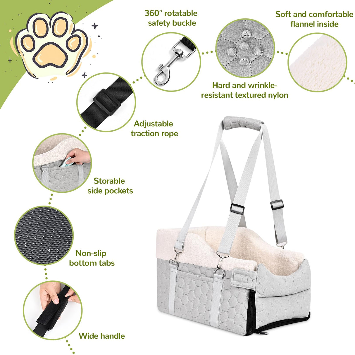 AtawLege Center Console Dog Car Seat, Detachable Washable Dog Booster Seat, Adjustable Safety Belts and Built-in Leash Pet Carseat, Portable Puppy Travel Carrier with Cushion for Small Dogs Cats(Gray)