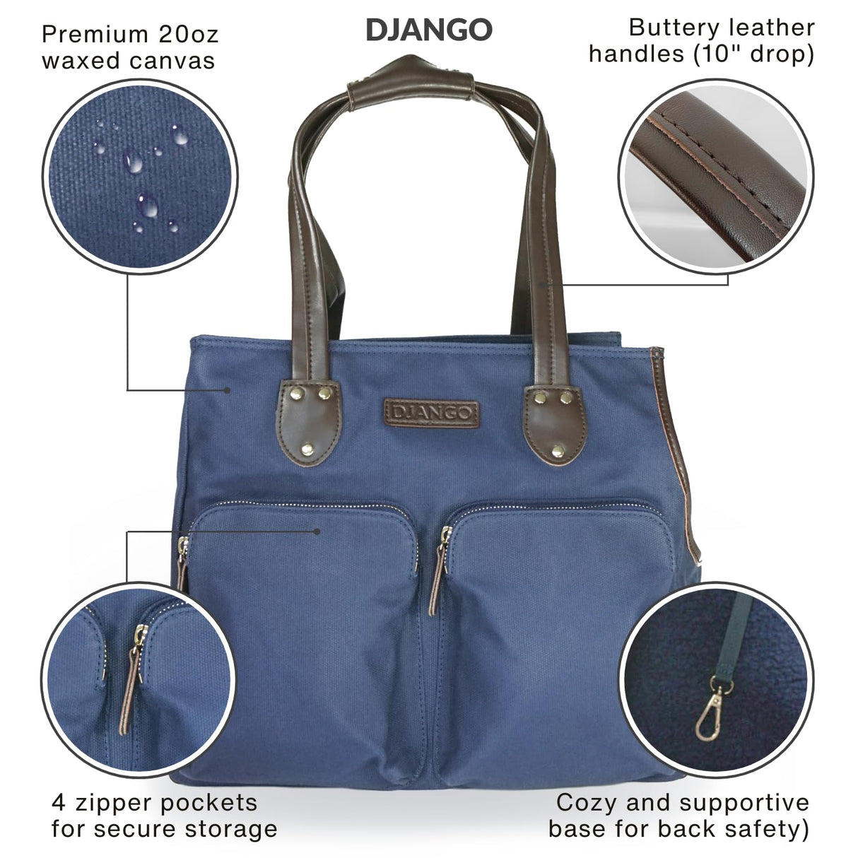 DJANGO Waxed Canvas & Leather Dog Carrier Tote Bag – Premium Soft-Sided Travel Dog Purse with Safety Leash, WR Lining, & Large Zipper Pockets – Everyday Pet Carrier for Small Dogs (Navy Blue, Medium)