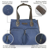 DJANGO Waxed Canvas & Leather Dog Carrier Tote Bag – Premium Soft-Sided Travel Dog Purse with Safety Leash, WR Lining, & Large Zipper Pockets – Everyday Pet Carrier for Small Dogs (Navy Blue, Medium)