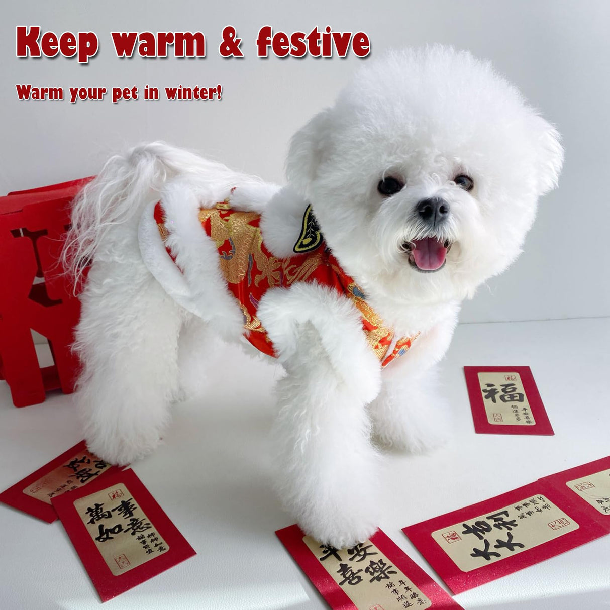 SSEISS New Year Dog Lion Dance Coat, Spring Festival Pet Costume, Winter Cat Warm Clothes for Small Medium Dogs, Teddy, Schnauzers and Small Bichon Frises (X-Large)