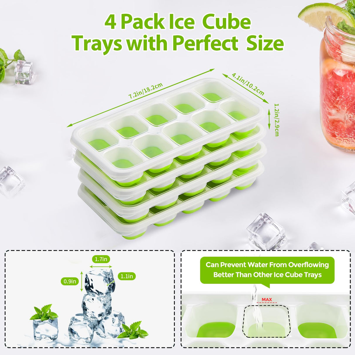 Ice Cube Tray with Lids - 4 Pack Stackable Silicone Ice Trays for Freezer, BPA & LFGB Safe, Easy Release for Kitchen, RV, Cocktail, Coffee, Soup & Food