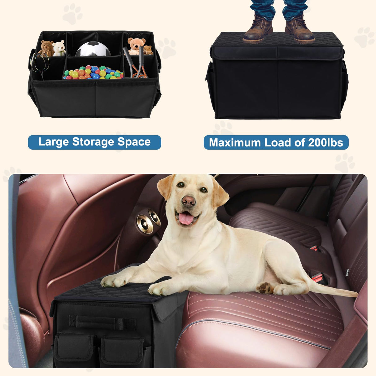 Back Front Seat Extender for Large Dogs Up to 200 Lbs, Adjustable Dog Back Seat Extender with Cushion & Storage Box, Car Organizer Gap Filler for Front or Back Seat
