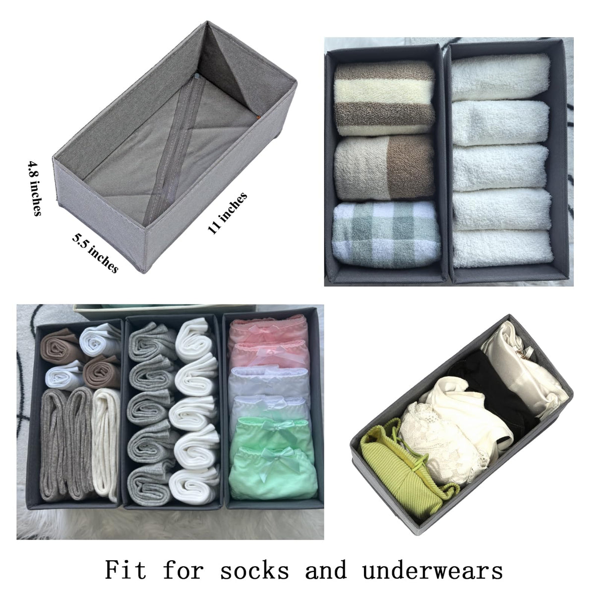 Bructhun Sock Drawer Organizer 3 Pack - Collapsible Fabric Storage Bins for Underwear Divider, Small Closet Organizers with 3 Compartments, Gray
