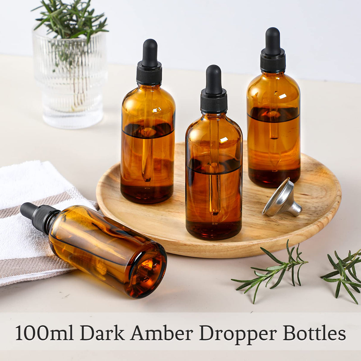 4 Pack, 100ml Dropper Bottles with 1 Funnel & 4 Labels - Essential Oils Bottles for Health, Personal Care & Beauty - 3.4oz Thick Dark Amber Glass Tincture Bottle with Eye Droppers, Leakproof