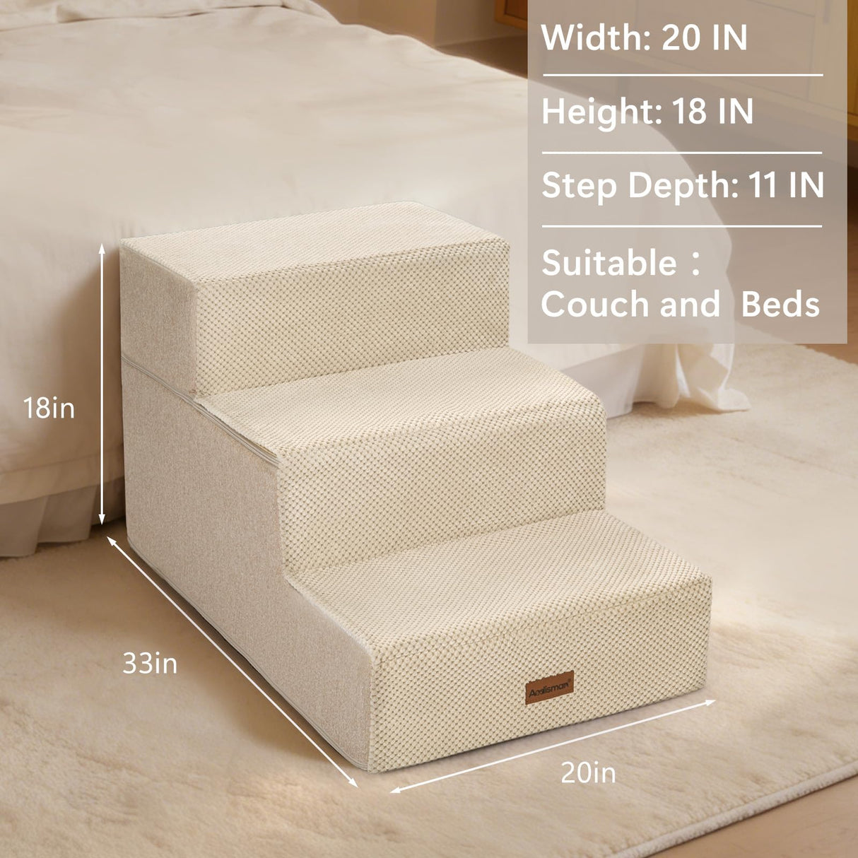 AODISMAN Dog Stairs for Large Dogs 18" H, Extra Wide Dog Steps for High Beds & Couches, 20" Wide Deep Steps, Non-Slip Dogs Ramp, 3-Step Pet Stairs, Beige