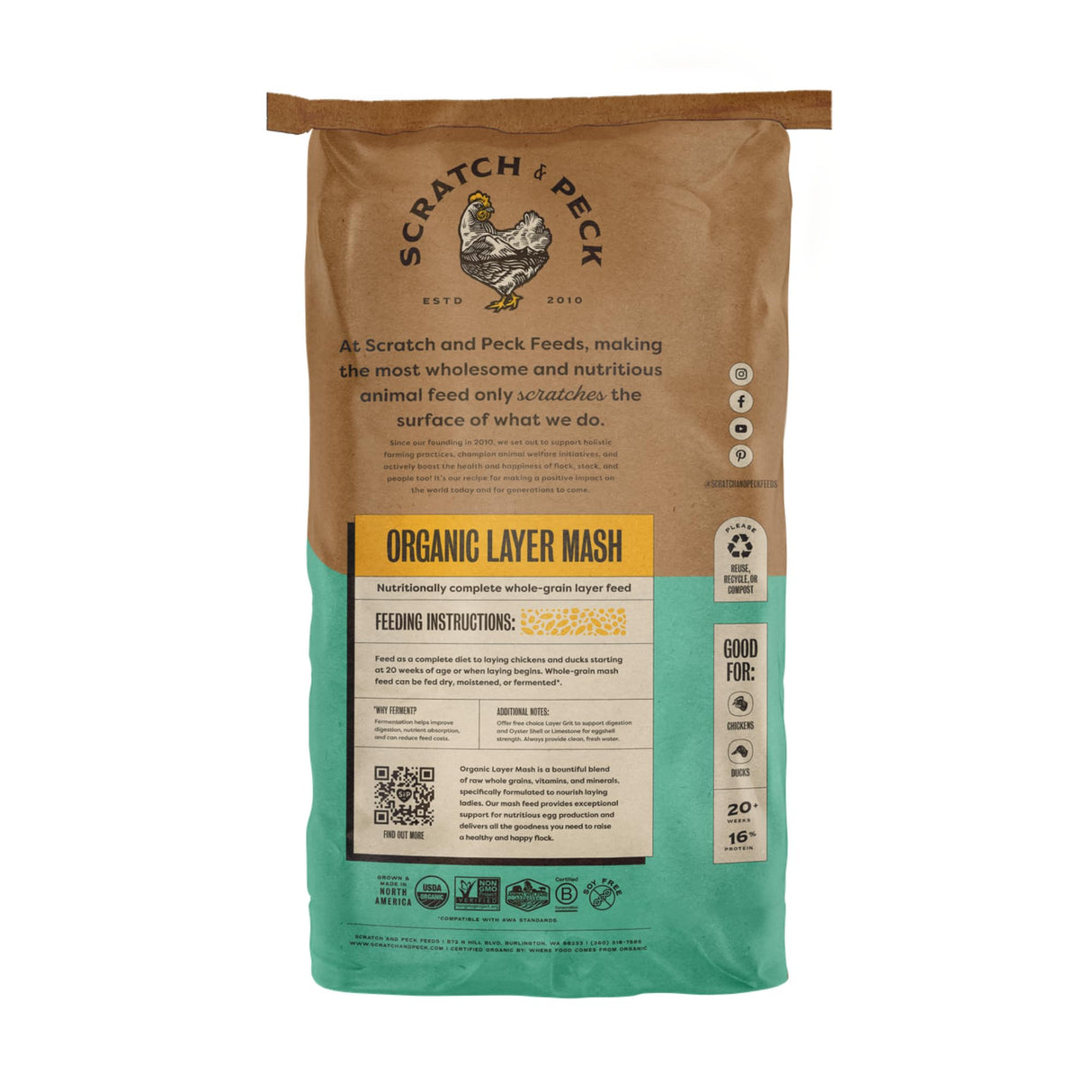 Scratch and Peck Feeds Whole Grain Layer Mash Chicken and Duck Feed - Corn-Free and Soy-Free - 16% Protein, Certified Organic and Non-GMO Project Verified Chicken Food - 50 lbs Bag