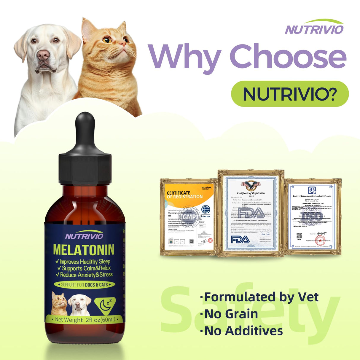 Nutrivio Liquid Melatonin for Dogs and Cats, Cat Melatonin, Dog Sleep Aid, Dog Anxiety Relief, Calming Behavior in Pets, Helps Restful Sleep, Small & Large Dogs, Bacon Flavor (60ml)