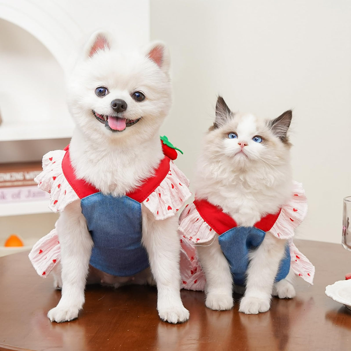 Layheld Cat Puppy Costume Strawberry Dress with Leash Polka Dot Puff Sleeve Design Dog Cat Accessories Multiple Sizes for Cat Small Dog (Blue Pink,Large)