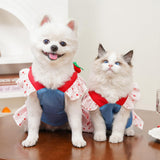 Layheld Cat Puppy Costume Strawberry Dress with Leash Polka Dot Puff Sleeve Design Dog Cat Accessories Multiple Sizes for Cat Small Dog (Blue Pink,Large)