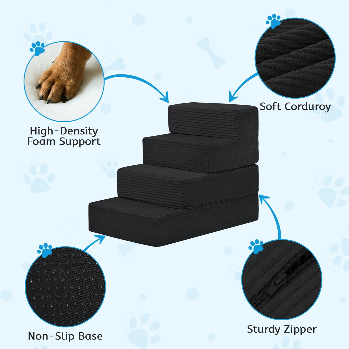 PRIMEPATIO Dog Stairs for Small Dogs, 4 Step Pet Stairs for High Beds and Couch, Dog Steps for Bed Balanced 18" H, Foldable Pet Ramp for Large Cats Climb, Non-Slip Bottom Doggy Step, Black